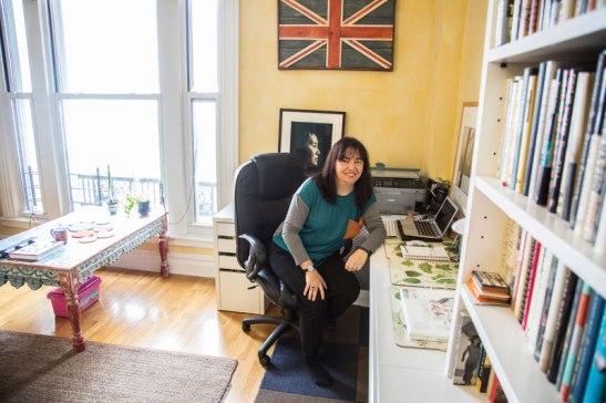 Sarah at her writing desk. Photo (c) Mark Jenkinson, 2015
