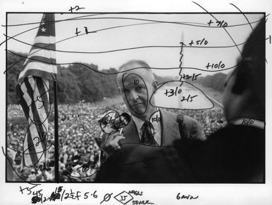 This marked-up shot of Henri Cartier-Bresson photographing Martin Luther King shows the darkroom notations of Magnum printer Pablo Inirio. It was featured in The Literate Lens' most popular post, Magnum and the Dying Art of Darkroom Printing.