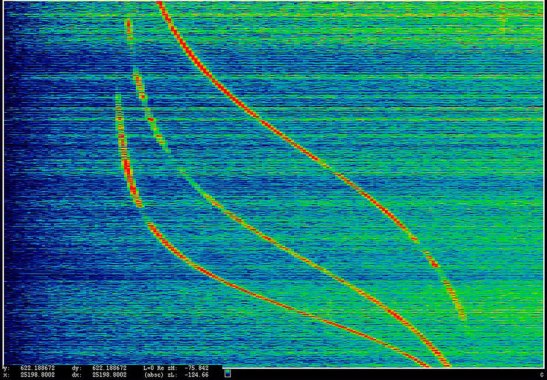 ANARCHIST: Power Spectrum Display of Doppler Tracks from a Satellite (Intercepted May 27, 2009), 2016. Pigmented inkjet print mounted on aluminum, 45 × 64 3/4 in. (114.3 × 164.5 cm). Courtesy the artist