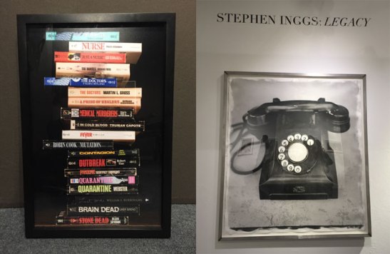 Old tech, fetishized: Books by Nina Katchadourian and a rotary phone by Stephen Inggs.