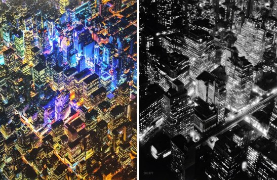 Vincent Laforet's New York 1 (detail, left) clearly owed a debt to Berenice Abbott's iconic Night View (right).