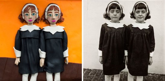 Diane Arbus's iconic image of identical twins in Roselle, New Jersey (right) reinterpreted in Play-Doh by Eleanor Macnair