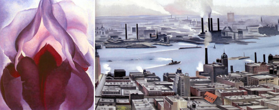 Not just a one-trick pony: Georgia O'Keeffe painted flowers (Flower of Life II, 1925, L) but also city scenes (East River from the 30th Story of the Shelton Hotel, 1928, R)